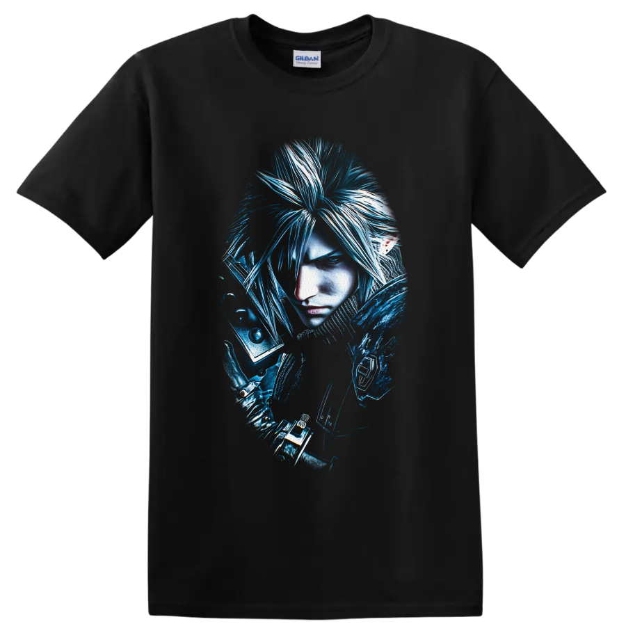 Cloud Strife blue fantasy warrior portrait with sword hilt and armored shoulder on a Black T Shirt