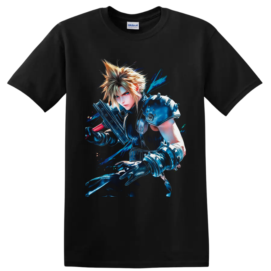 Cloud Strife with Buster Sword in vivid blue Final Fantasy VII warrior art on a Black T Shirt