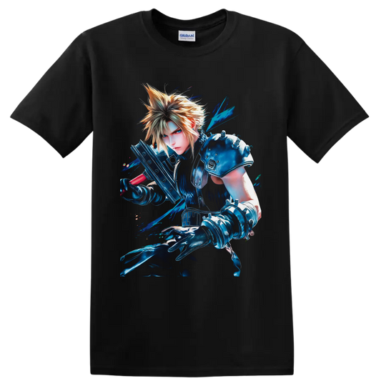 Cloud Strife with Buster Sword in vivid blue Final Fantasy VII warrior art on a Black T Shirt