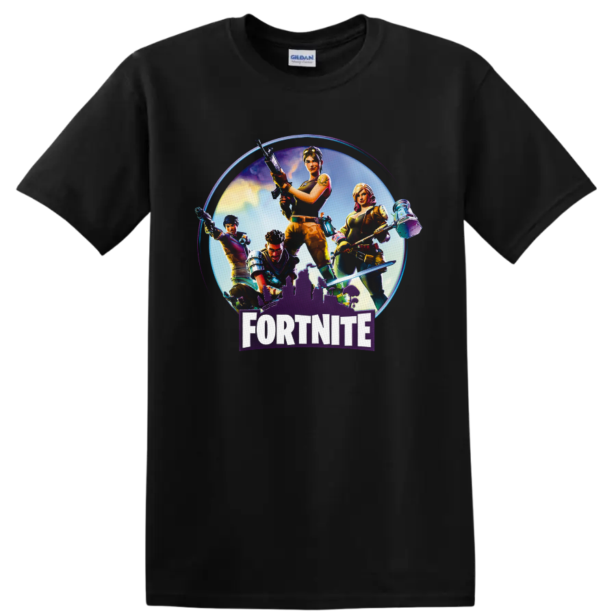 Fortnite squad action characters with gear, glowing city backdrop, and bold logo on a Black T Shirt
