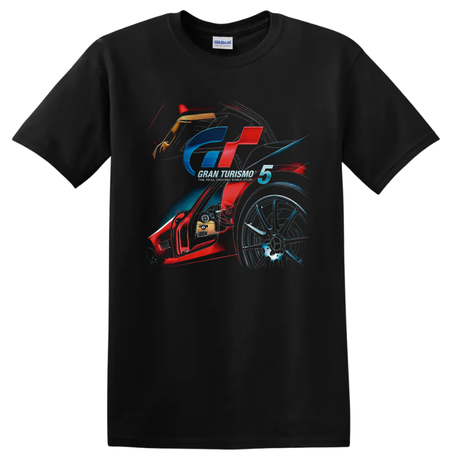 Gran Turismo 5 racing emblem with sports car cockpit, alloy wheel, and motion art on a Black T Shirt