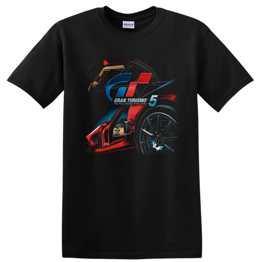Gran Turismo 5 racing emblem with sports car cockpit, alloy wheel, and motion art on a Black T Shirt