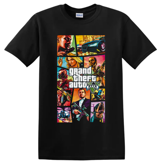 Grand Theft Auto V neon character collage with cars, helicopter, city scenes, and logo on a Black T Shirt