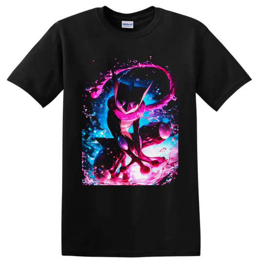 Greninja in neon pink water splashes with electric blue anime-style background on a Black T Shirt