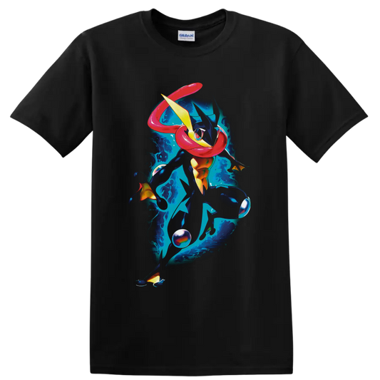 Greninja Pokémon water ninja in vivid blue splash art action pose on a Black T Shirt