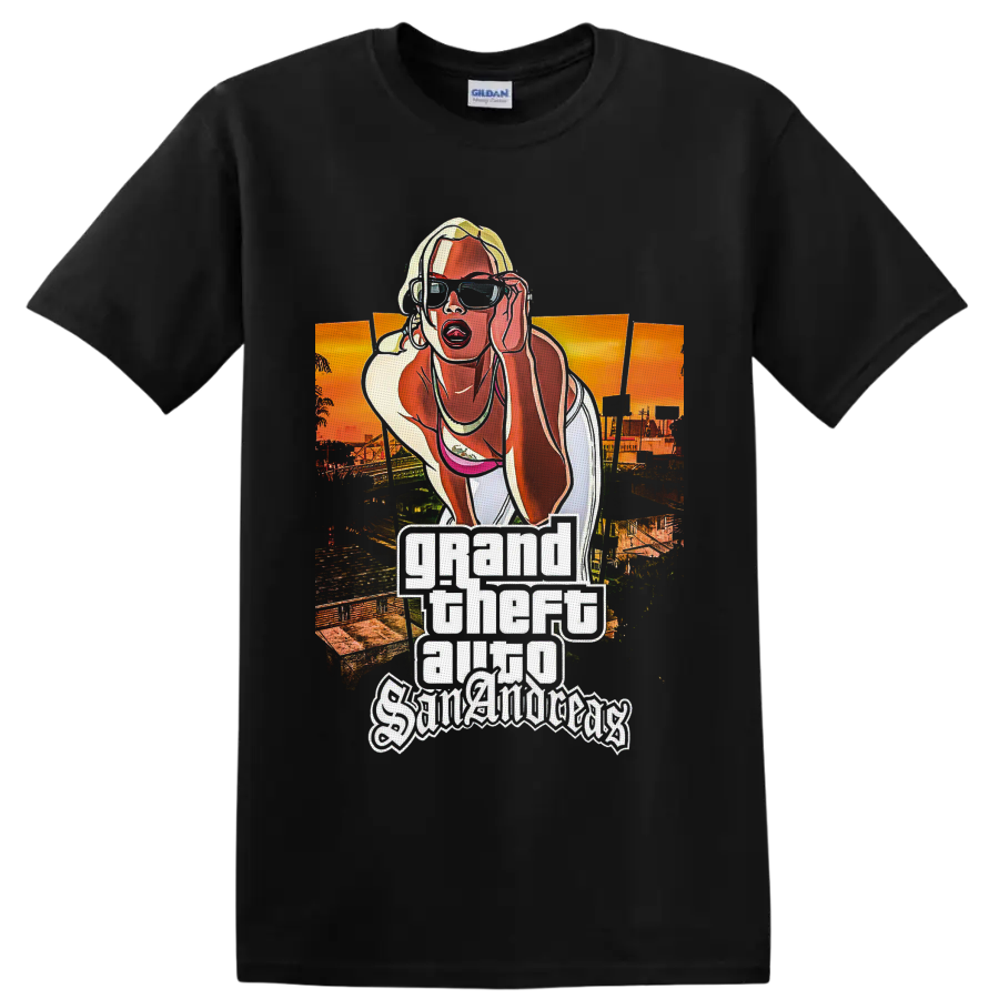 Grand Theft Auto San Andreas blonde woman sunset city poster graphic on a Black T Shirt
