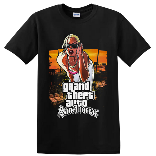 Grand Theft Auto San Andreas blonde woman sunset city poster graphic on a Black T Shirt