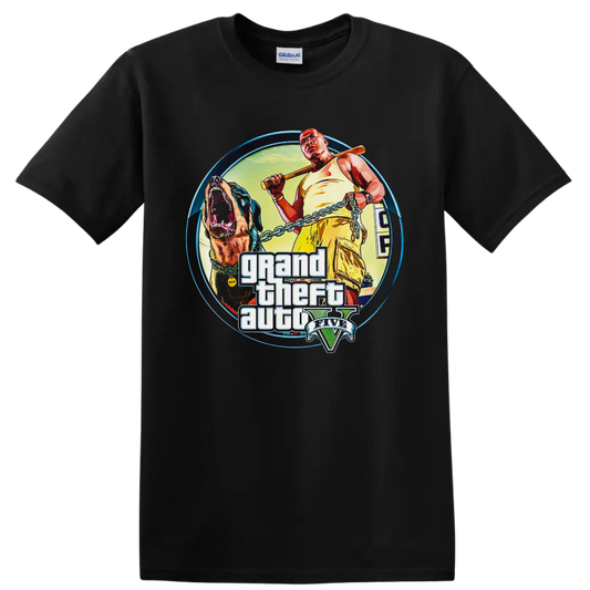 Grand Theft Auto V Franklin Clinton and Chop illustrated graphic with V emblem on a Black T Shirt