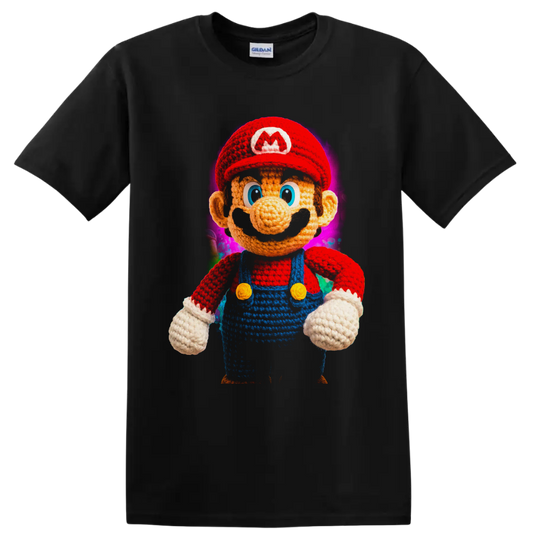 Knitted-style Mario character with colorful abstract background on a Black T Shirt