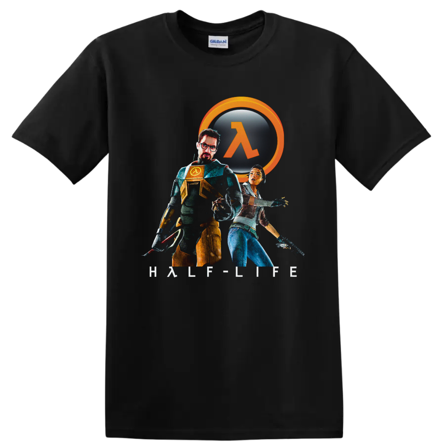 Gordon Freeman and Alyx Vance Half-Life 2 art with orange lambda emblem on a Black T Shirt