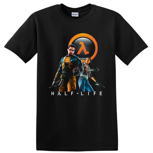 Gordon Freeman and Alyx Vance Half-Life 2 art with orange lambda emblem on a Black T Shirt