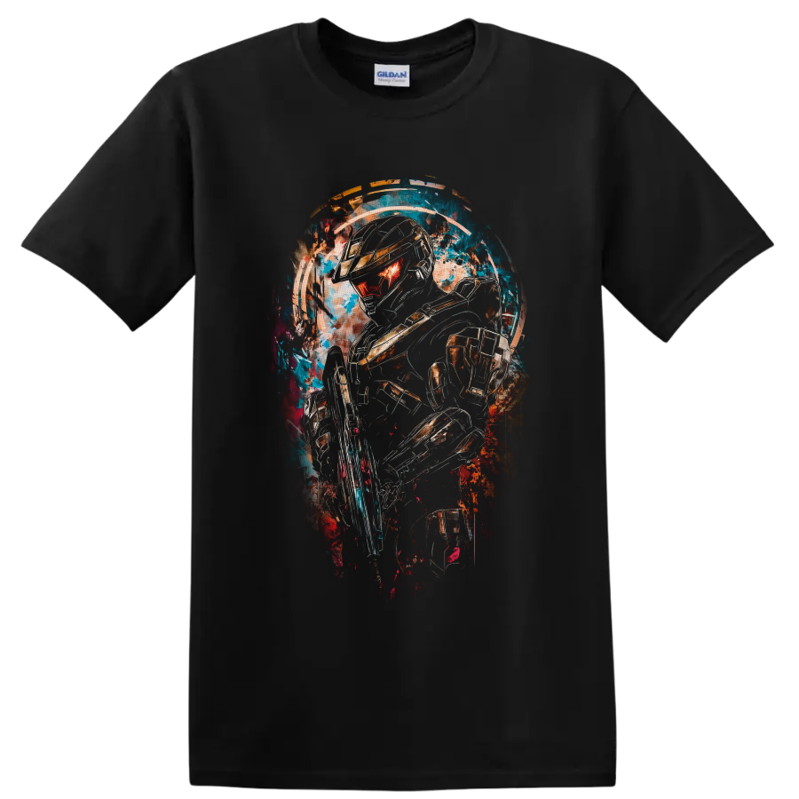 Master Chief Halo Spartan warrior in neon paint-splash armor artwork on a Black T Shirt