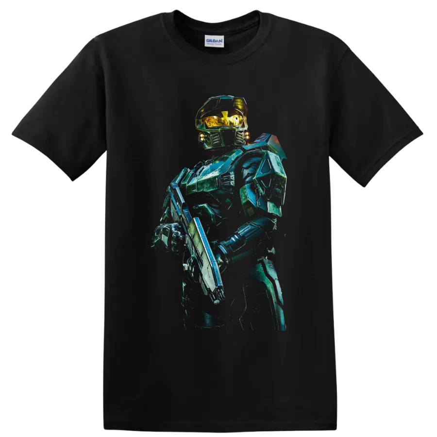 Master Chief in teal-green futuristic armor with gold visor and sci-fi rifle on a Black T Shirt