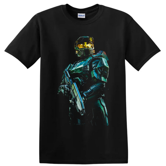 Master Chief in teal-green futuristic armor with gold visor and sci-fi rifle on a Black T Shirt