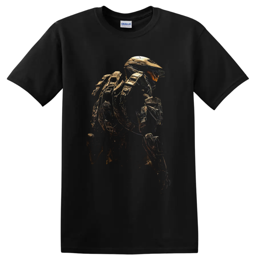 Halo Elite Warrior in detailed gold armor, crouched in a sci-fi gaming art pose on a Black T Shirt