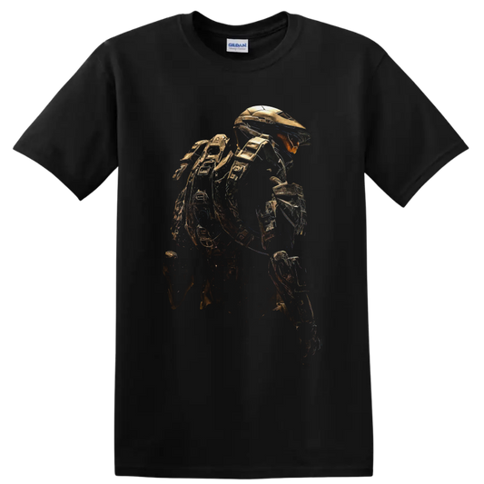 Halo Elite Warrior in detailed gold armor, crouched in a sci-fi gaming art pose on a Black T Shirt