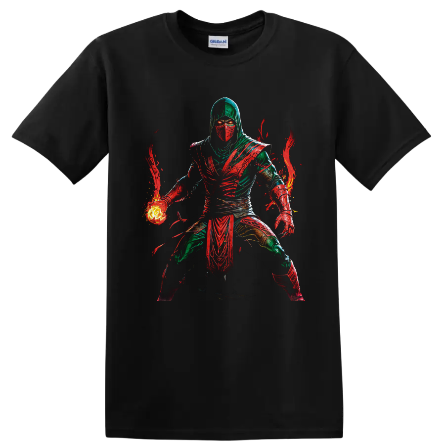 Ermac Mortal Kombat masked warrior with glowing fireball and red flame artwork on a Black T Shirt