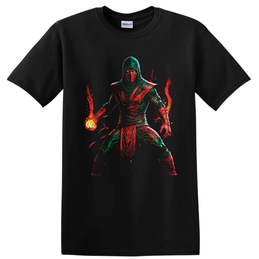Ermac Mortal Kombat masked warrior with glowing fireball and red flame artwork on a Black T Shirt