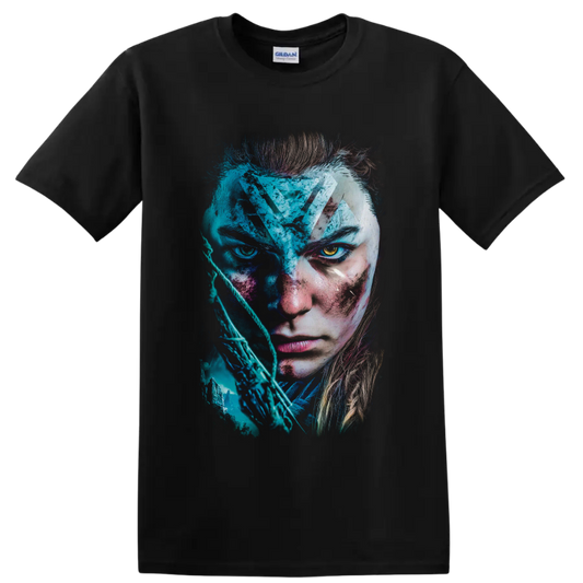 Aloy Horizon Zero Dawn cyber tribal portrait with bow and teal wilderness art on a Black T Shirt