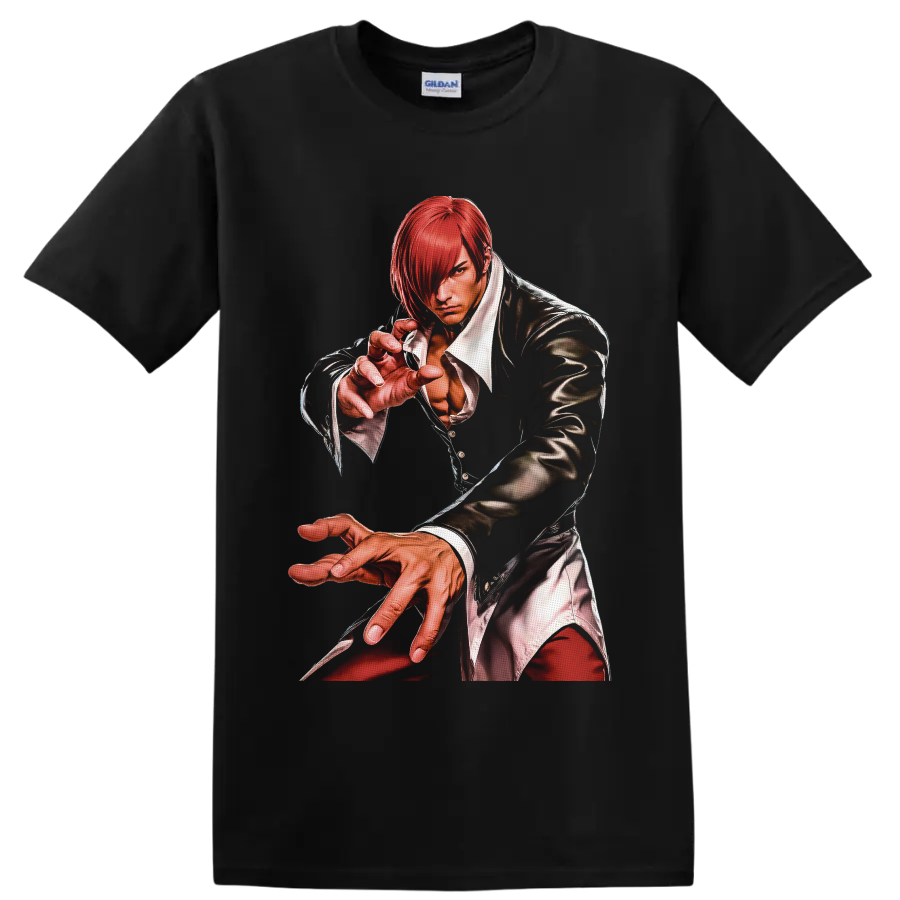Iori Yagami red-haired fighter illustration from The King of Fighters on a Black T Shirt