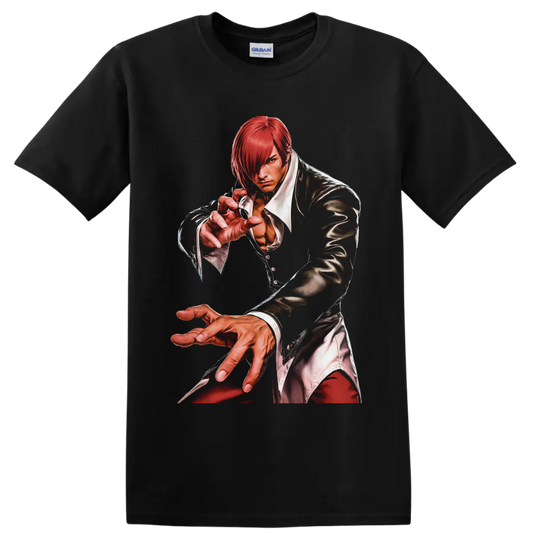 Iori Yagami red-haired fighter illustration from The King of Fighters on a Black T Shirt