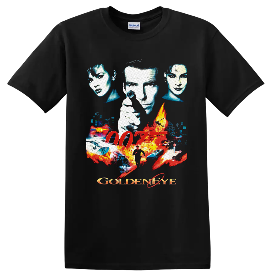 James Bond GoldenEye 007 retro spy collage with 007 logo, flames, cars and weapons on a Black T Shirt