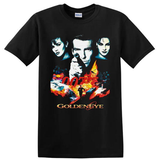 James Bond GoldenEye 007 retro spy collage with 007 logo, flames, cars and weapons on a Black T Shirt