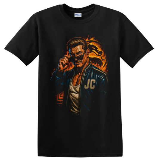 Johnny Cage fiery portrait with sunglasses, blue jacket, and flame backdrop on a Black T Shirt