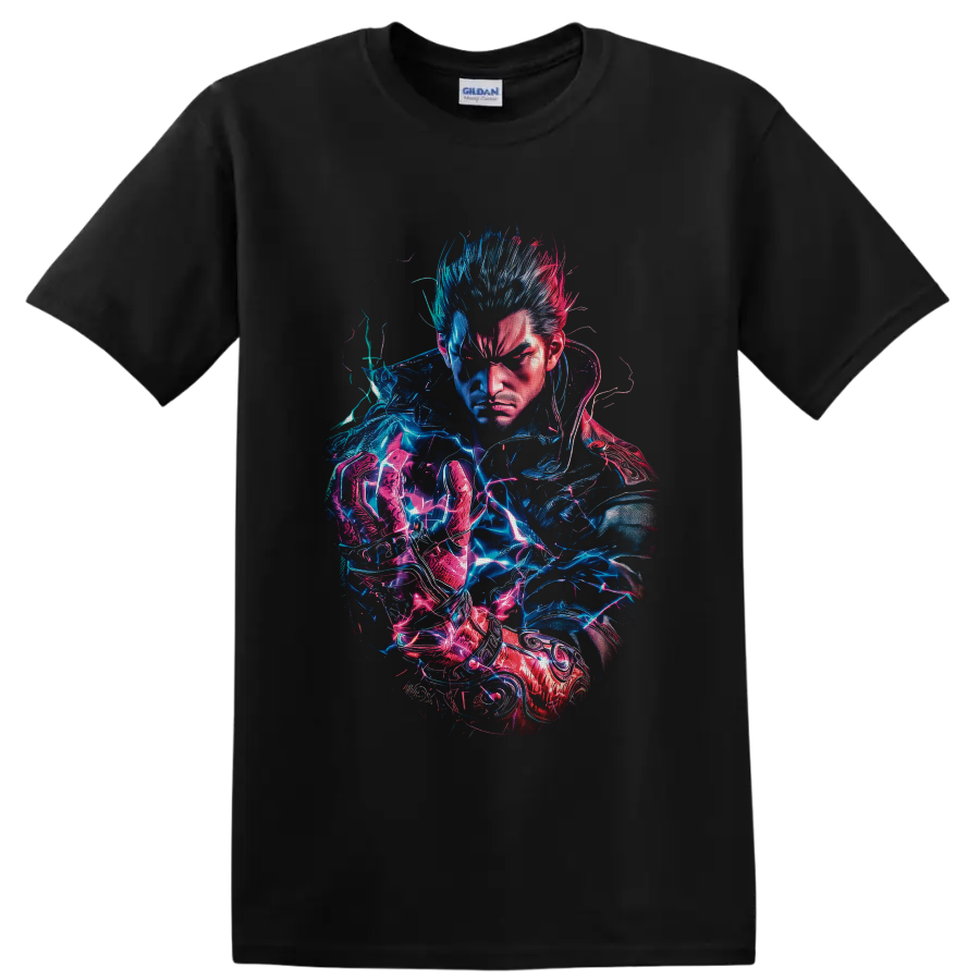 Kazuya Mishima neon electric fighter portrait in blue and pink cyberpunk art on a Black T Shirt