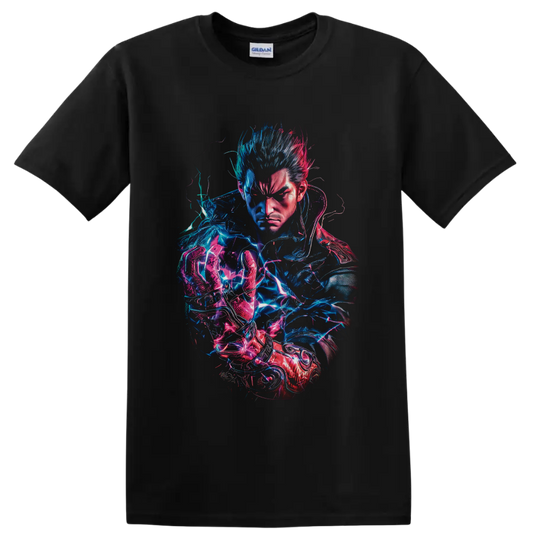 Kazuya Mishima neon electric fighter portrait in blue and pink cyberpunk art on a Black T Shirt