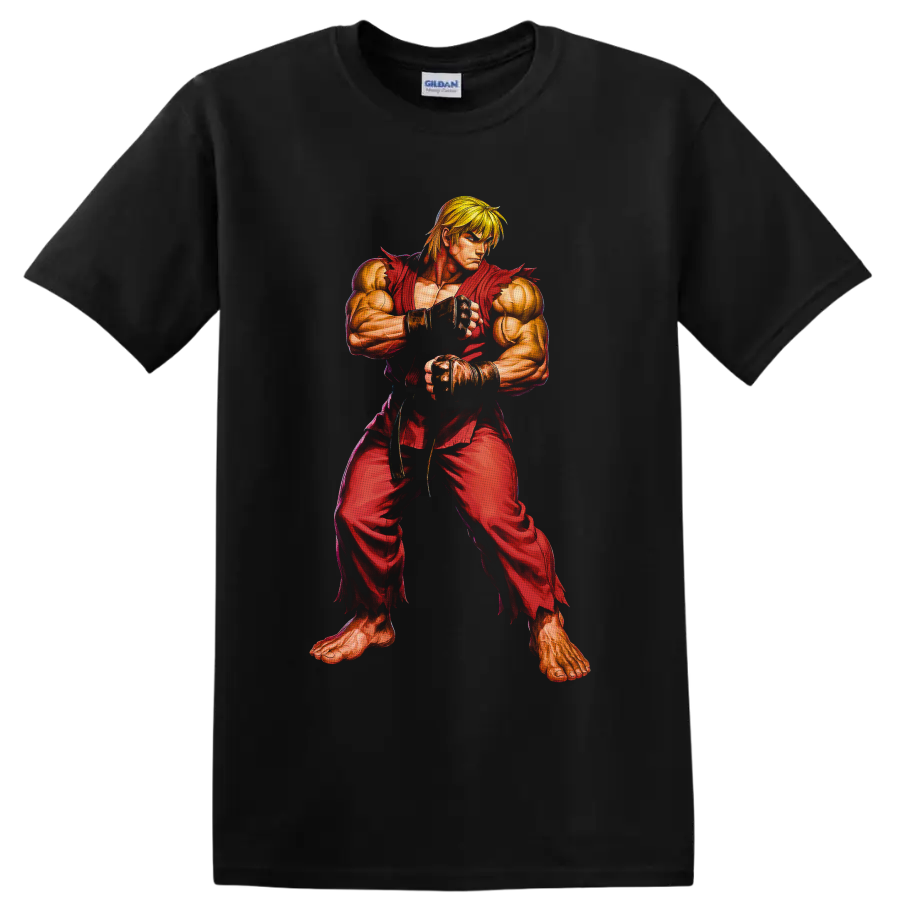 Ken Street Fighter in red gi, detailed retro arcade martial arts fighter artwork on a Black T Shirt