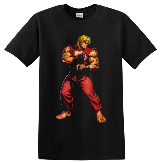 Ken Street Fighter in red gi, detailed retro arcade martial arts fighter artwork on a Black T Shirt