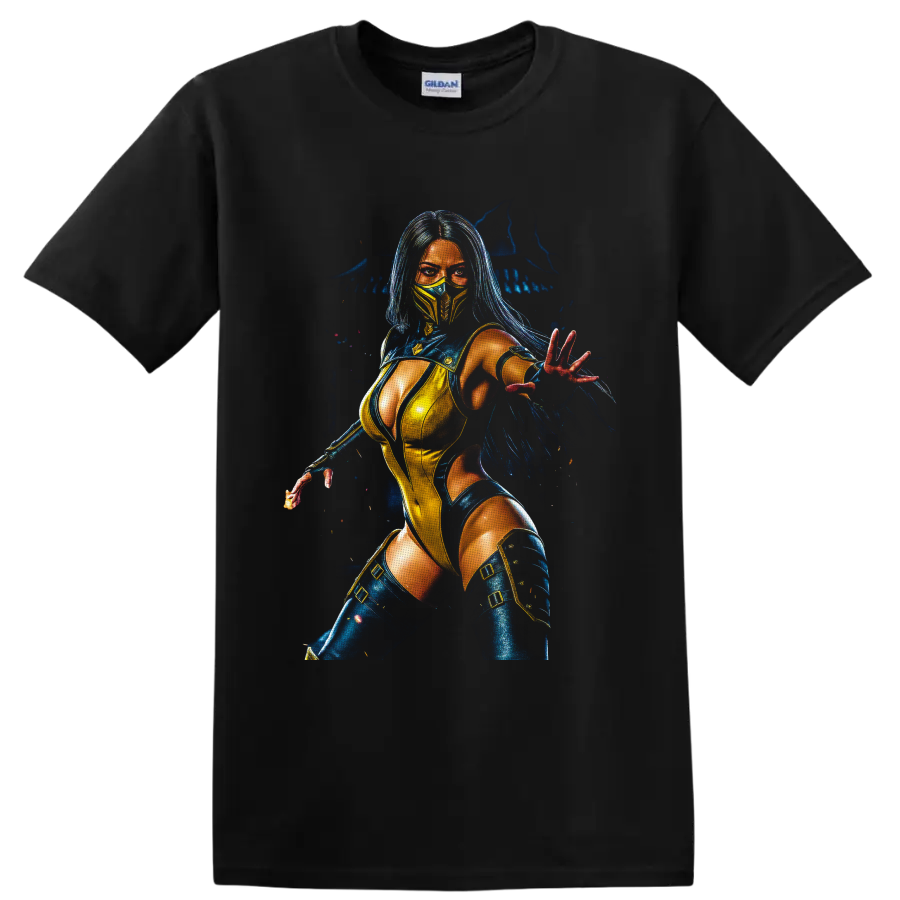 Kitana in blue and gold mask with glowing fantasy warrior portrait on a Black T Shirt