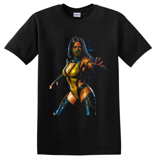 Kitana in blue and gold mask with glowing fantasy warrior portrait on a Black T Shirt