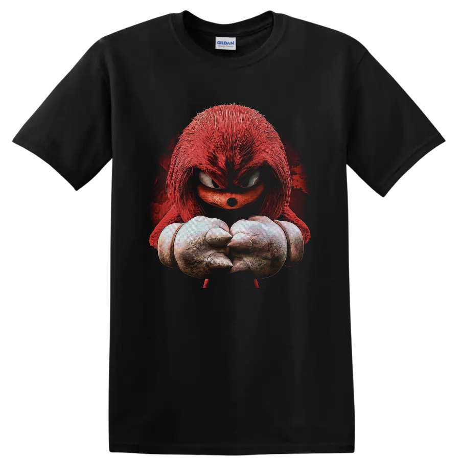 Knuckles horror portrait with red quills, spiked fists, and distressed crimson backdrop on a Black T Shirt