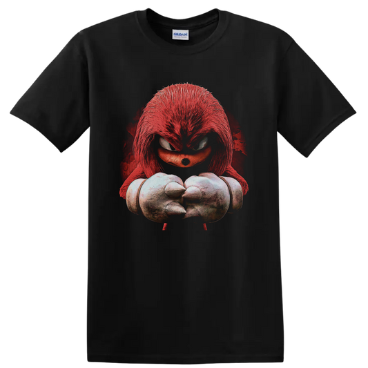 Knuckles horror portrait with red quills, spiked fists, and distressed crimson backdrop on a Black T Shirt