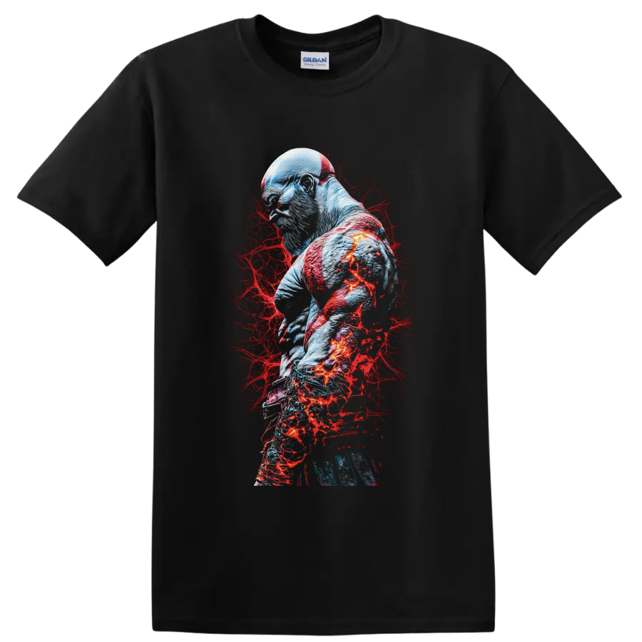 Kratos God of War warrior portrait with red markings and fiery blue-gray battle art on a Black T Shirt