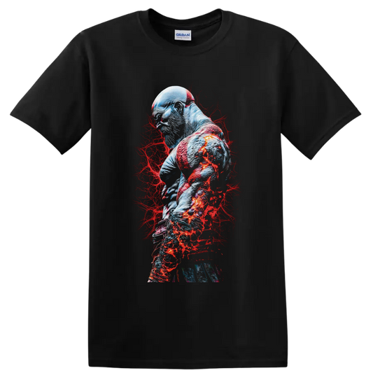 Kratos God of War warrior portrait with red markings and fiery blue-gray battle art on a Black T Shirt