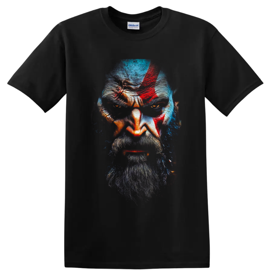 Kratos God of War close-up portrait with red mark, beard, and dark painted lighting on a Black T Shirt