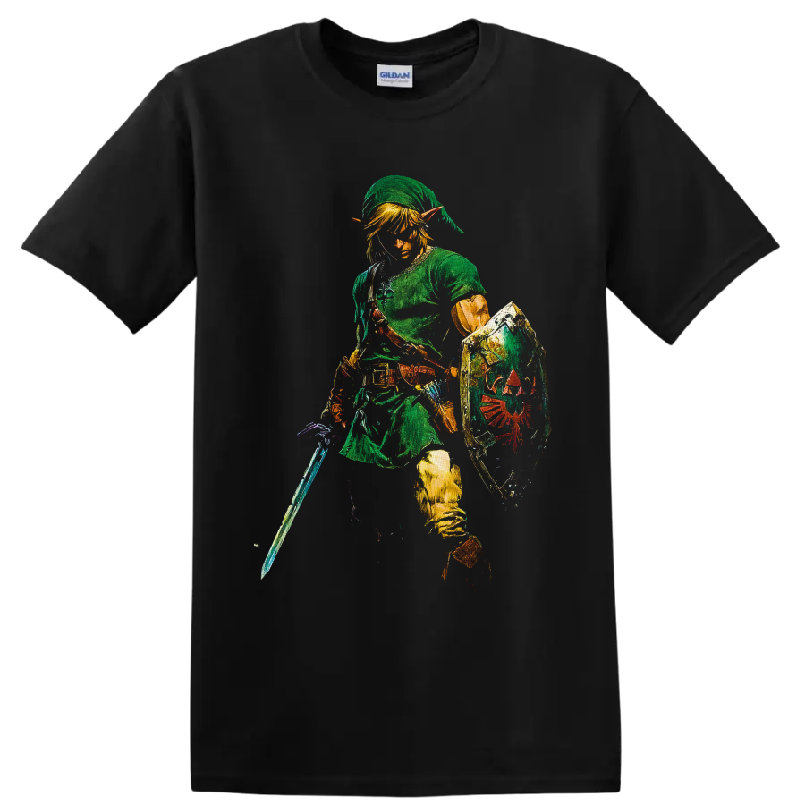 Link in green tunic with sword and crest shield, textured fantasy game art on a Black T Shirt