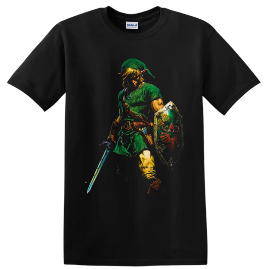 Link in green tunic with sword and crest shield, textured fantasy game art on a Black T Shirt