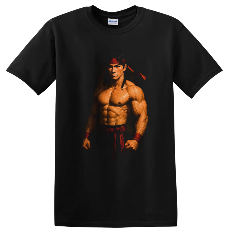 Liu Kang Mortal Kombat martial arts portrait with red headband and wrist wraps on a Black T Shirt