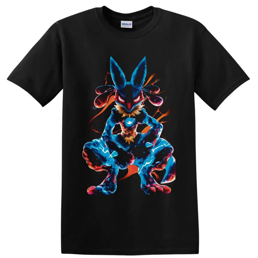 Lucario crouched in neon blue and magenta aura fighter artwork on a Black T Shirt