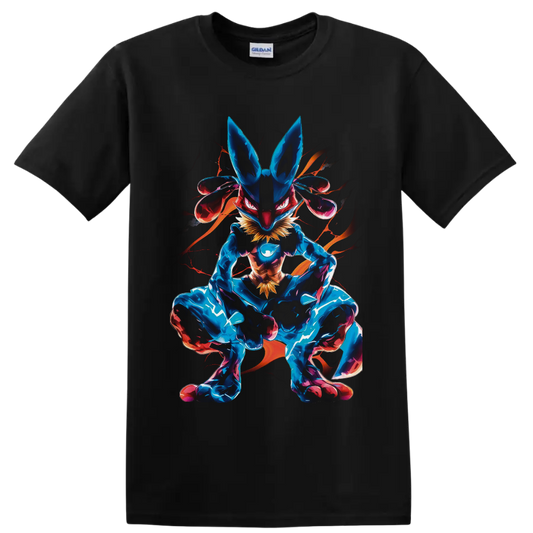 Lucario crouched in neon blue and magenta aura fighter artwork on a Black T Shirt
