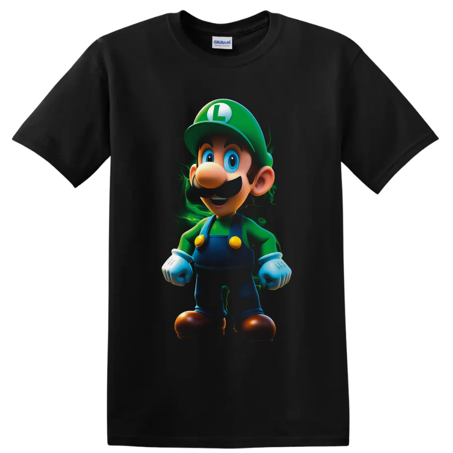 Luigi Super Mario cartoon character with a glowing green electric aura on a Black T Shirt