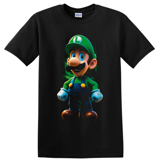 Luigi Super Mario cartoon character with a glowing green electric aura on a Black T Shirt