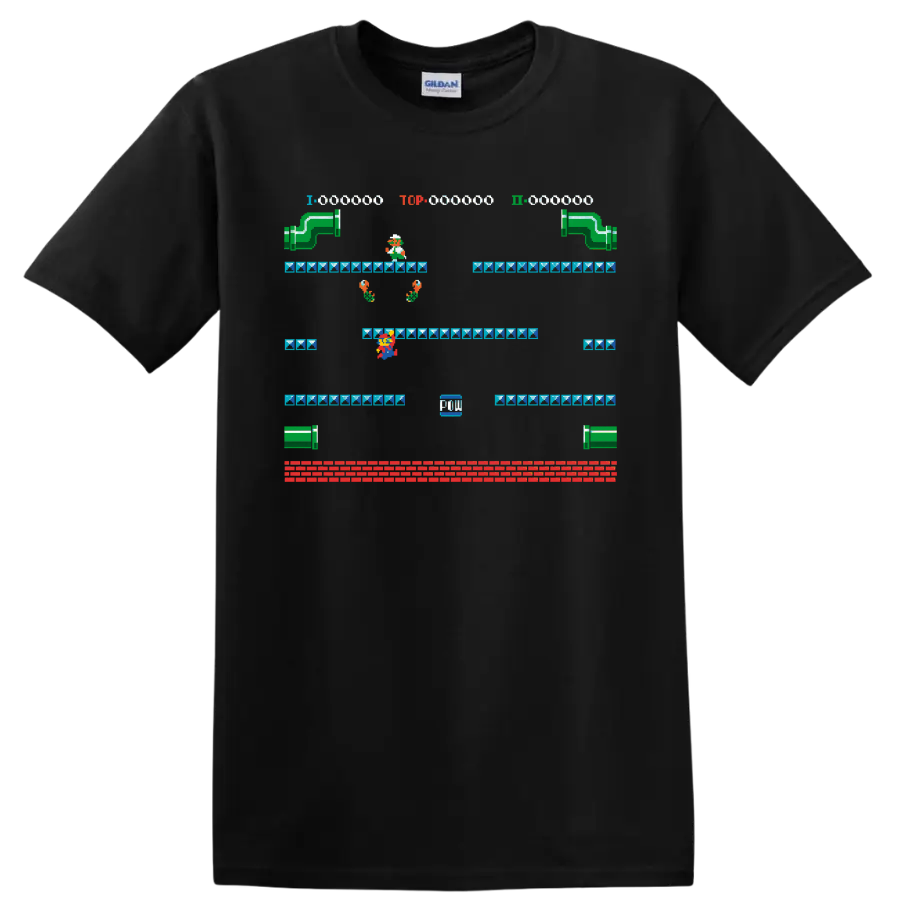 Mario Super Mario Bros. 3 pixel platform level with warp pipes and block platforms on a Black T Shirt