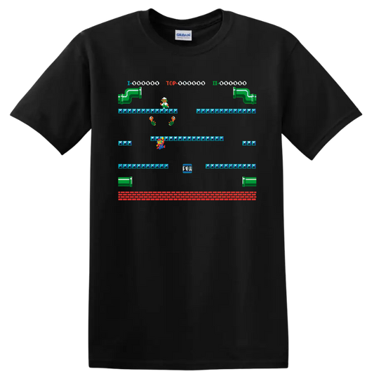 Mario Super Mario Bros. 3 pixel platform level with warp pipes and block platforms on a Black T Shirt