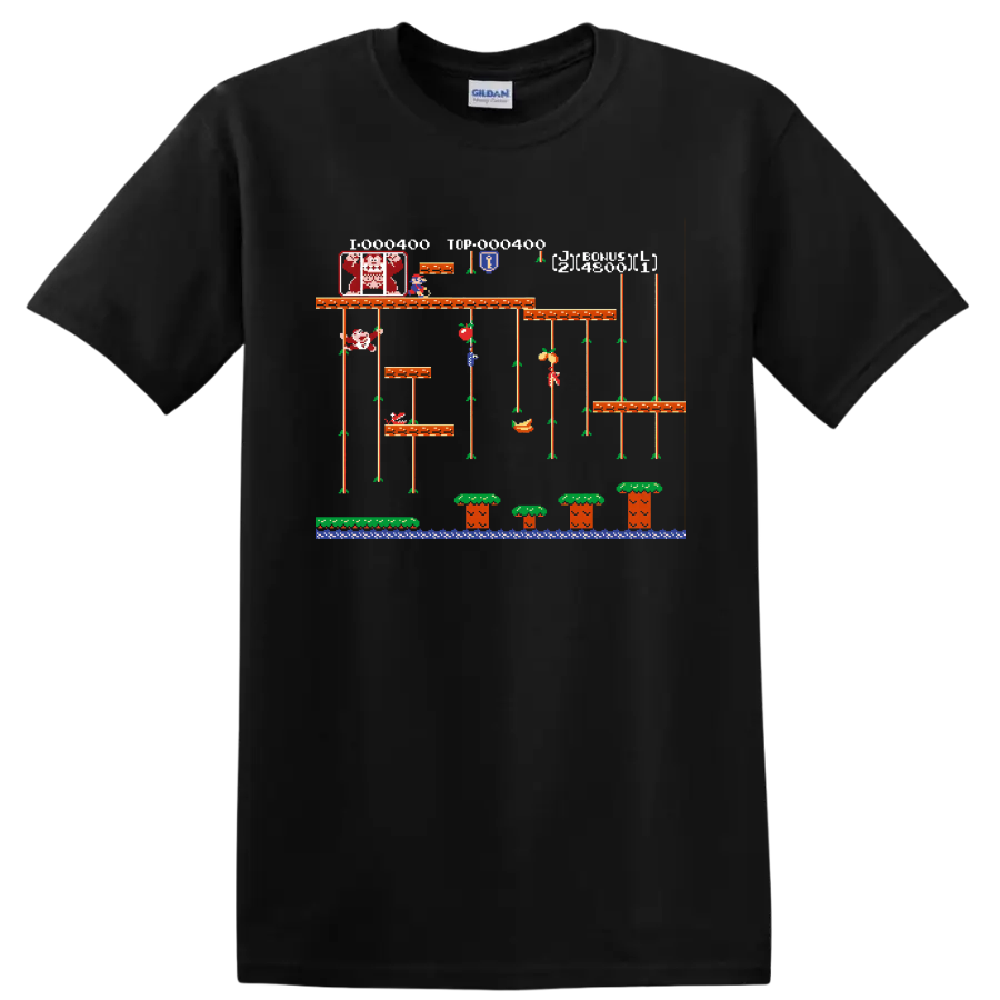 Mario Bros pixel-art platform scene with Mario, Luigi, vines, mushrooms, and water on a Black T Shirt