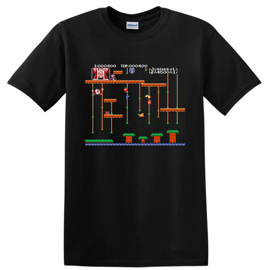 Mario Bros pixel-art platform scene with Mario, Luigi, vines, mushrooms, and water on a Black T Shirt